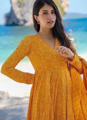Mustard yellow digital printed muslin cotton stitched anarkali set with dupatta 2