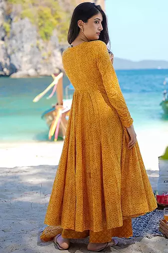 Mustard yellow digital printed muslin cotton stitched anarkali set with dupatta