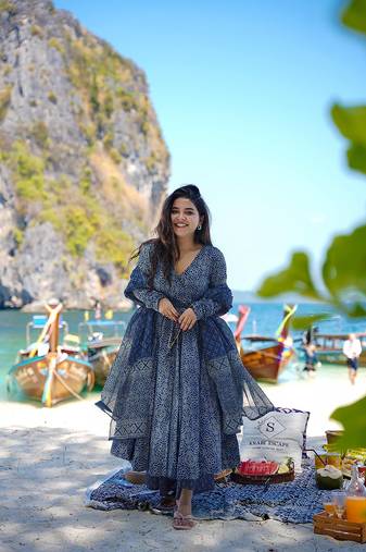 Navy blue digital printed muslin cotton stitched anarkali set with dupatta