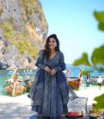 Navy blue digital printed muslin cotton stitched anarkali set with dupatta