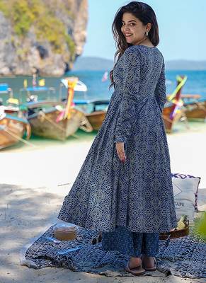 Navy blue digital printed muslin cotton stitched anarkali set with dupatta 3