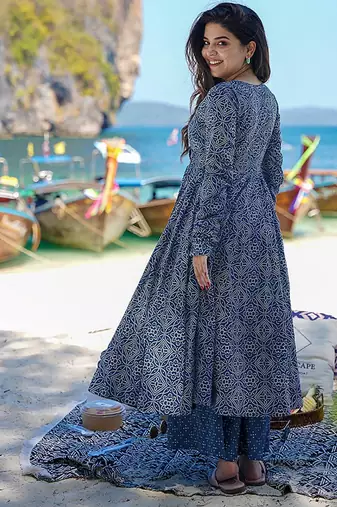 Navy blue digital printed muslin cotton stitched anarkali set with dupatta