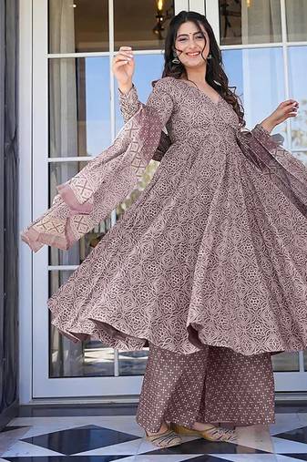 Light wine digital printed muslin cotton stitched anarkali set with dupatta