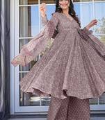 Light wine digital printed muslin cotton stitched anarkali set with dupatta