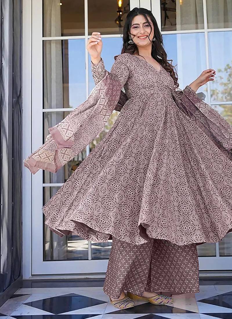 Light wine digital printed muslin cotton stitched anarkali set with dupatta