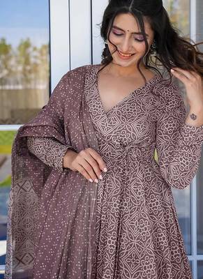 Light wine digital printed muslin cotton stitched anarkali set with dupatta 2