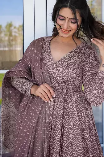 Light wine digital printed muslin cotton stitched anarkali set with dupatta