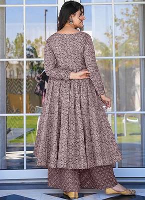 Light wine digital printed muslin cotton stitched anarkali set with dupatta 3