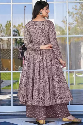 Light wine digital printed muslin cotton stitched anarkali set with dupatta