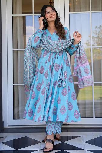 Sky blue digital printed muslin cotton stitched anarkali set with dupatta