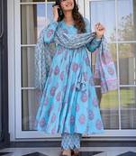 Sky blue digital printed muslin cotton stitched anarkali set with dupatta