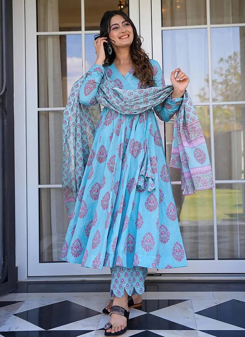 Sky blue digital printed muslin cotton stitched anarkali set with dupatta