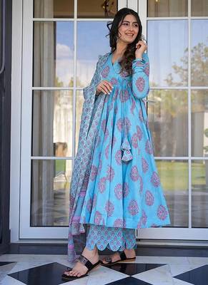 Sky blue digital printed muslin cotton stitched anarkali set with dupatta 2