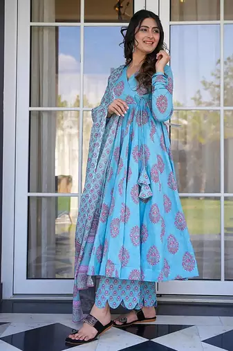Sky blue digital printed muslin cotton stitched anarkali set with dupatta