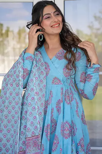 Sky blue digital printed muslin cotton stitched anarkali set with dupatta