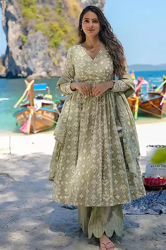 Sea green digital printed muslin cotton stitched anarkali set with dupatta