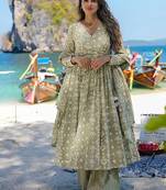 Sea green digital printed muslin cotton stitched anarkali set with dupatta