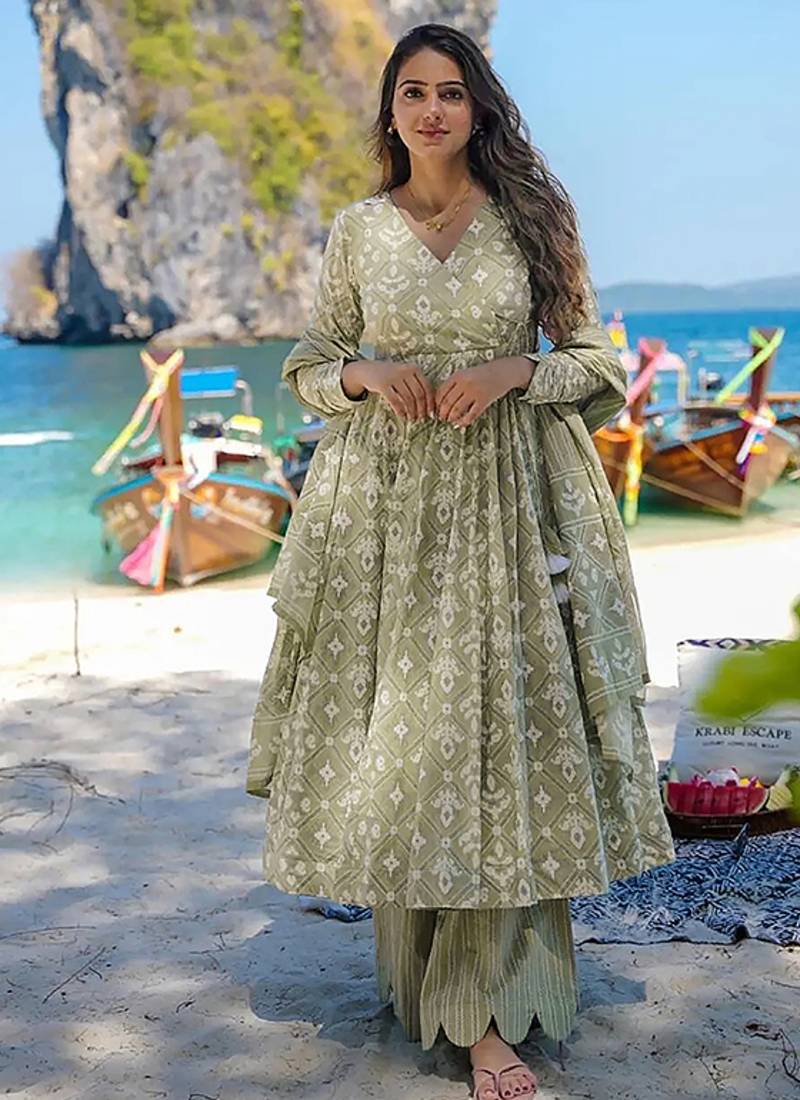 Sea green digital printed muslin cotton stitched anarkali set with dupatta