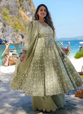 Sea green digital printed muslin cotton stitched anarkali set with dupatta 2