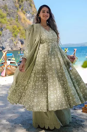 Sea green digital printed muslin cotton stitched anarkali set with dupatta
