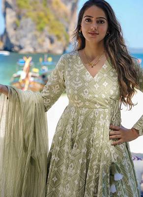 Sea green digital printed muslin cotton stitched anarkali set with dupatta 3