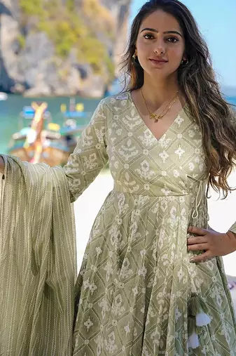 Sea green digital printed muslin cotton stitched anarkali set with dupatta