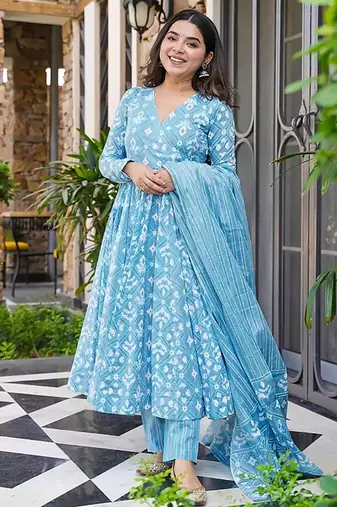 Sky blue digital printed muslin cotton stitched anarkali set with dupatta