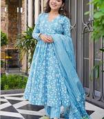 Sky blue digital printed muslin cotton stitched anarkali set with dupatta