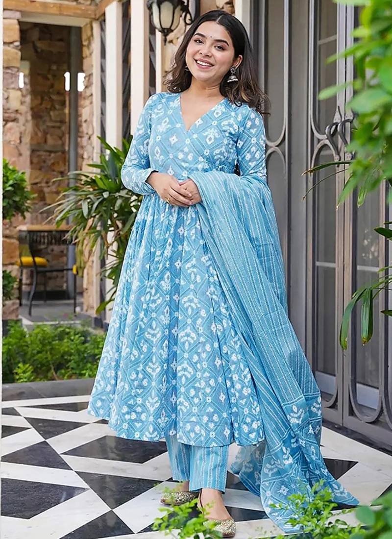 Sky blue digital printed muslin cotton stitched anarkali set with dupatta