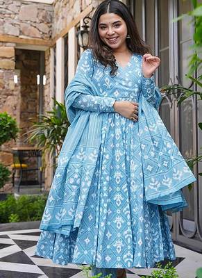 Sky blue digital printed muslin cotton stitched anarkali set with dupatta 2