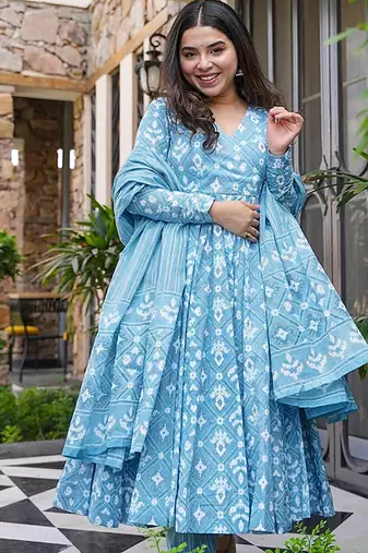 Sky blue digital printed muslin cotton stitched anarkali set with dupatta