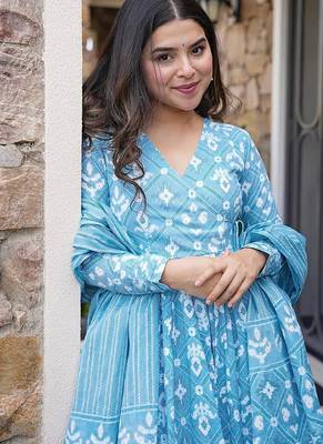 Sky blue digital printed muslin cotton stitched anarkali set with dupatta 3