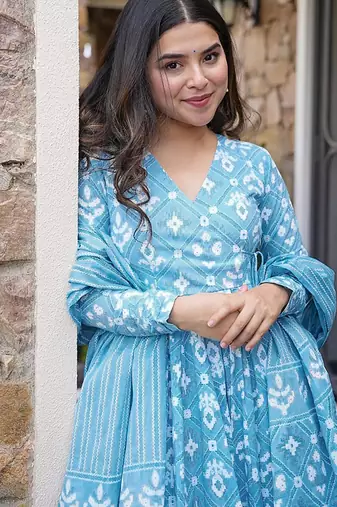 Sky blue digital printed muslin cotton stitched anarkali set with dupatta