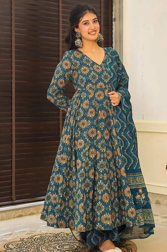 Morpich digital printed muslin cotton stitched anarkali set with dupatta