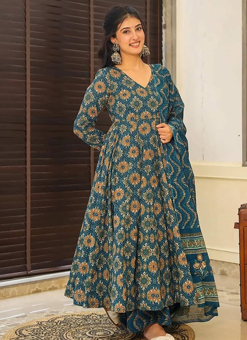 Morpich digital printed muslin cotton stitched anarkali set with dupatta