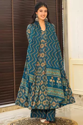 Morpich digital printed muslin cotton stitched anarkali set with dupatta