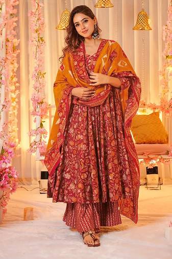 Maroon digital printed muslin cotton stitched anarkali set with dupatta