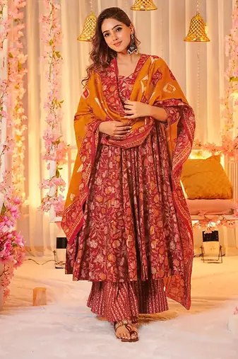 Maroon digital printed muslin cotton stitched anarkali set with dupatta