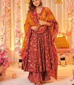 Maroon digital printed muslin cotton stitched anarkali set with dupatta