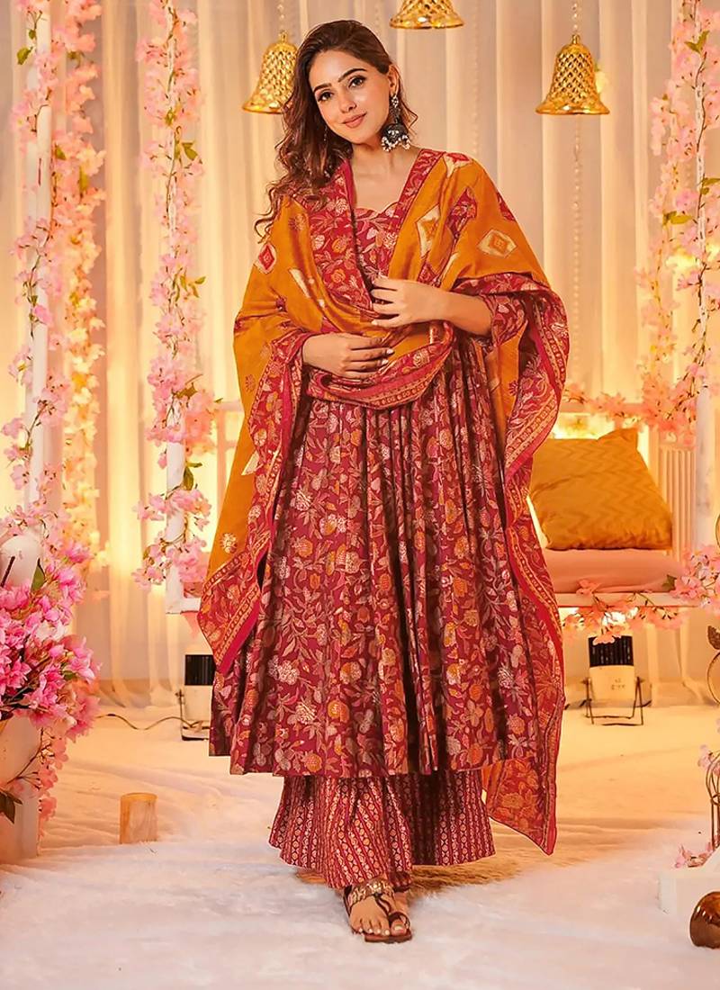Maroon digital printed muslin cotton stitched anarkali set with dupatta