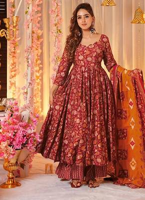 Maroon digital printed muslin cotton stitched anarkali set with dupatta 2