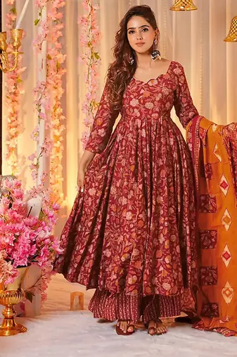 Maroon digital printed muslin cotton stitched anarkali set with dupatta