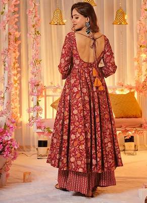 Maroon digital printed muslin cotton stitched anarkali set with dupatta 3
