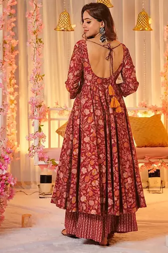 Maroon digital printed muslin cotton stitched anarkali set with dupatta