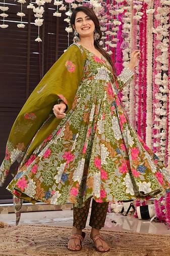 Mehendi digital printed muslin cotton stitched anarkali set with dupatta