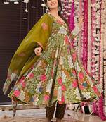 Mehendi digital printed muslin cotton stitched anarkali set with dupatta