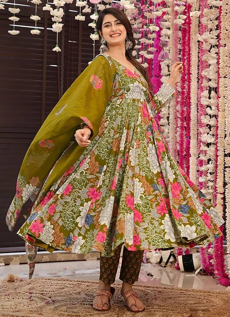 Mehendi digital printed muslin cotton stitched anarkali set with dupatta