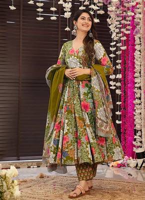 Mehendi digital printed muslin cotton stitched anarkali set with dupatta 2