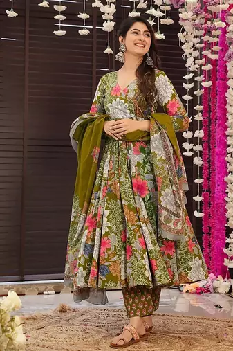 Mehendi digital printed muslin cotton stitched anarkali set with dupatta