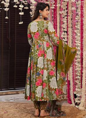 Mehendi digital printed muslin cotton stitched anarkali set with dupatta 3